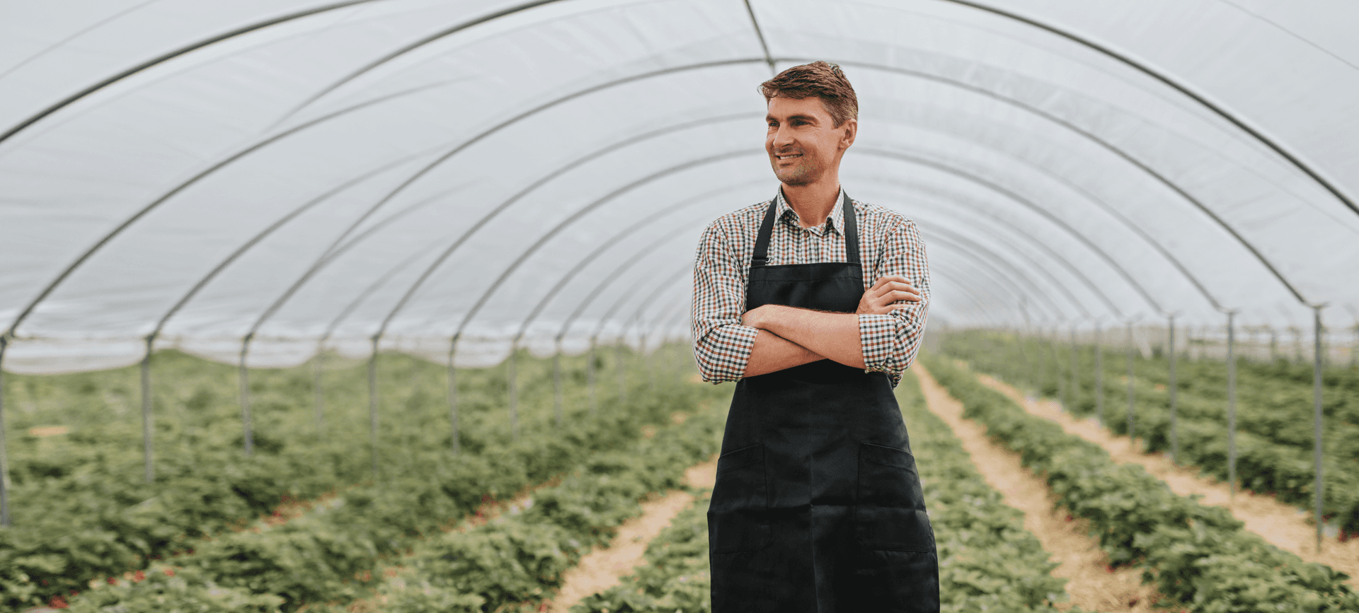 Smiling farmer in a barn showcasing confidence with farm operating loans